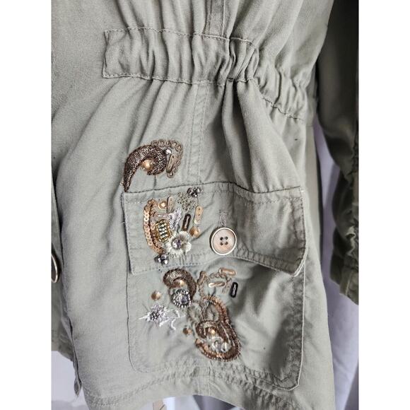 Chico's Artisan Utility Army Jacket Green Sequin Embroidery Detail Linen Large - Picture 6 of 13
